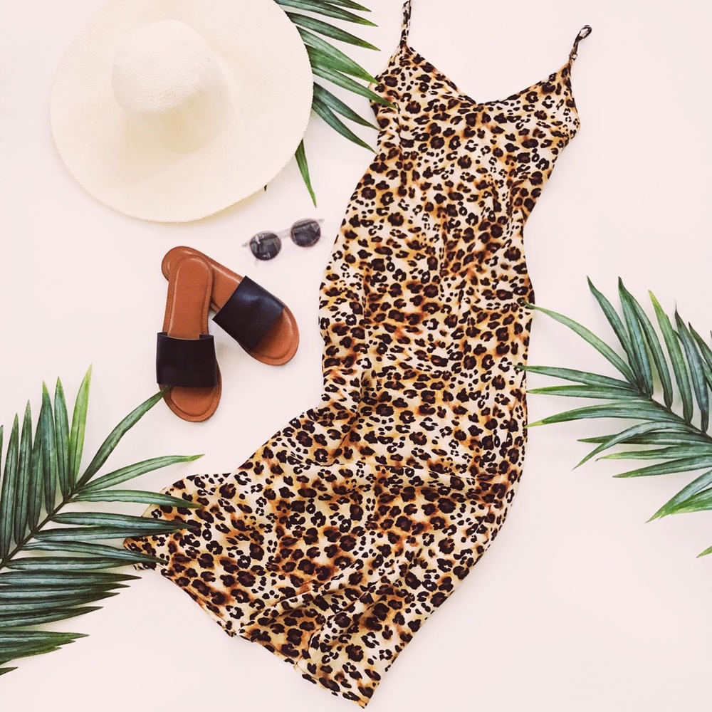 Last Chance - Leopard Print Silk Style Midi Dress with Adjustable Straps